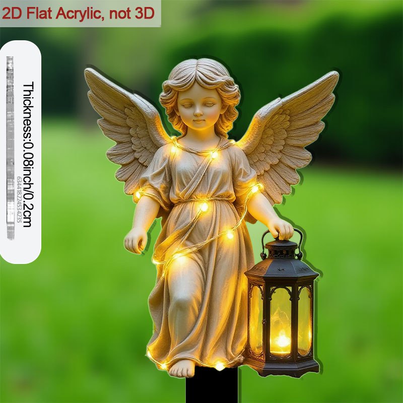 2D Flat, Angel Statue Garden Stake with Light-Up Lantern and Sharp Base - Self-Lit Outdoor / Acrylic Plant Flower Pot, Courtyard Decoration - Angel Holding Lantern, Durable Ground Stake (No Wiring Needed), 2D Flat