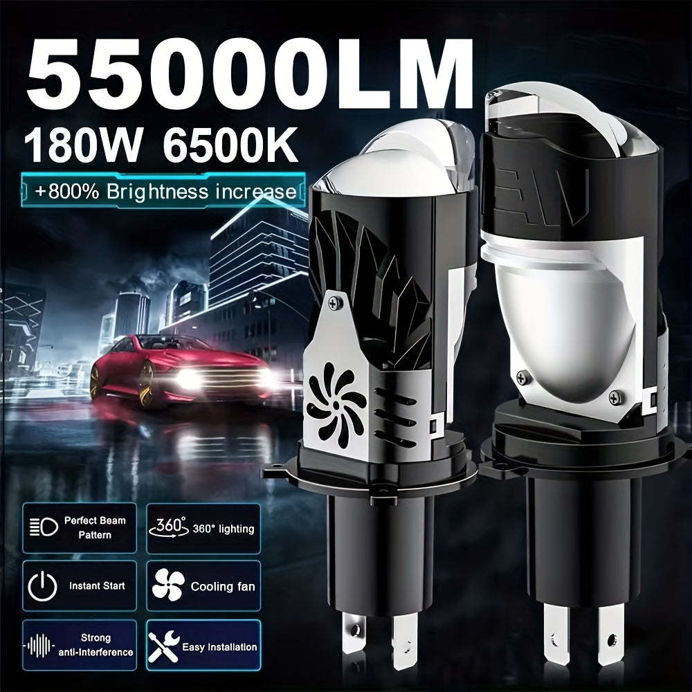 Newest Car LED Headlight H4-QF018, 55000 Lumens, 6500K Extremely Intense White Light, Suitable for Cars and Motorcycles, Car Mini Lens, 360° Beam Angle, Durable Aluminum Alloy Base, Durable Auto Parts