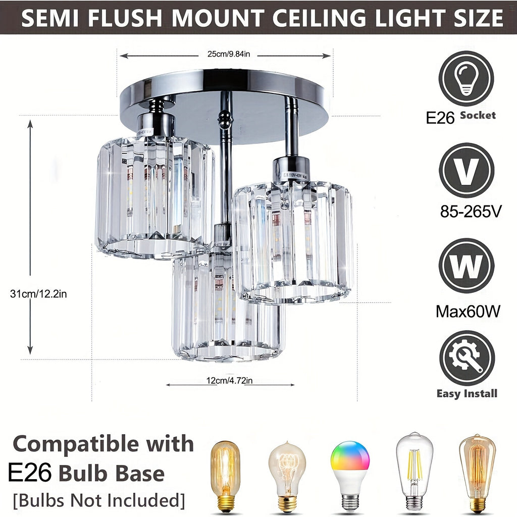Modern crystal chandelier, 3-light crystal ceiling light, with glass lampshade, glass pendant light, suitable for bedroom, kitchen, hallway, bathroom, chrome lamp head