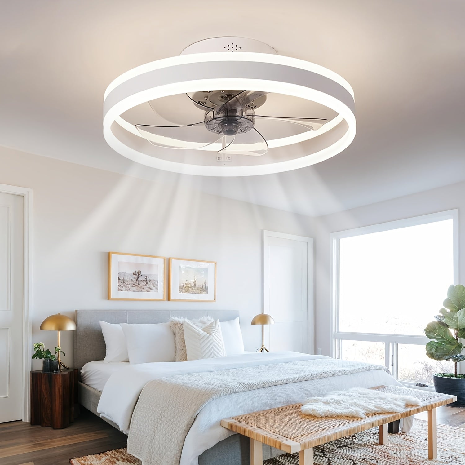 Low Profile Ceiling Fan with Light and Remote, Fandelier Flush Mount Ceiling Fan, 20 Inch Installation, Smart Bladeless LED Fan Light, 3000K-6500K, Black Modern Ceiling Fan for Bedroom