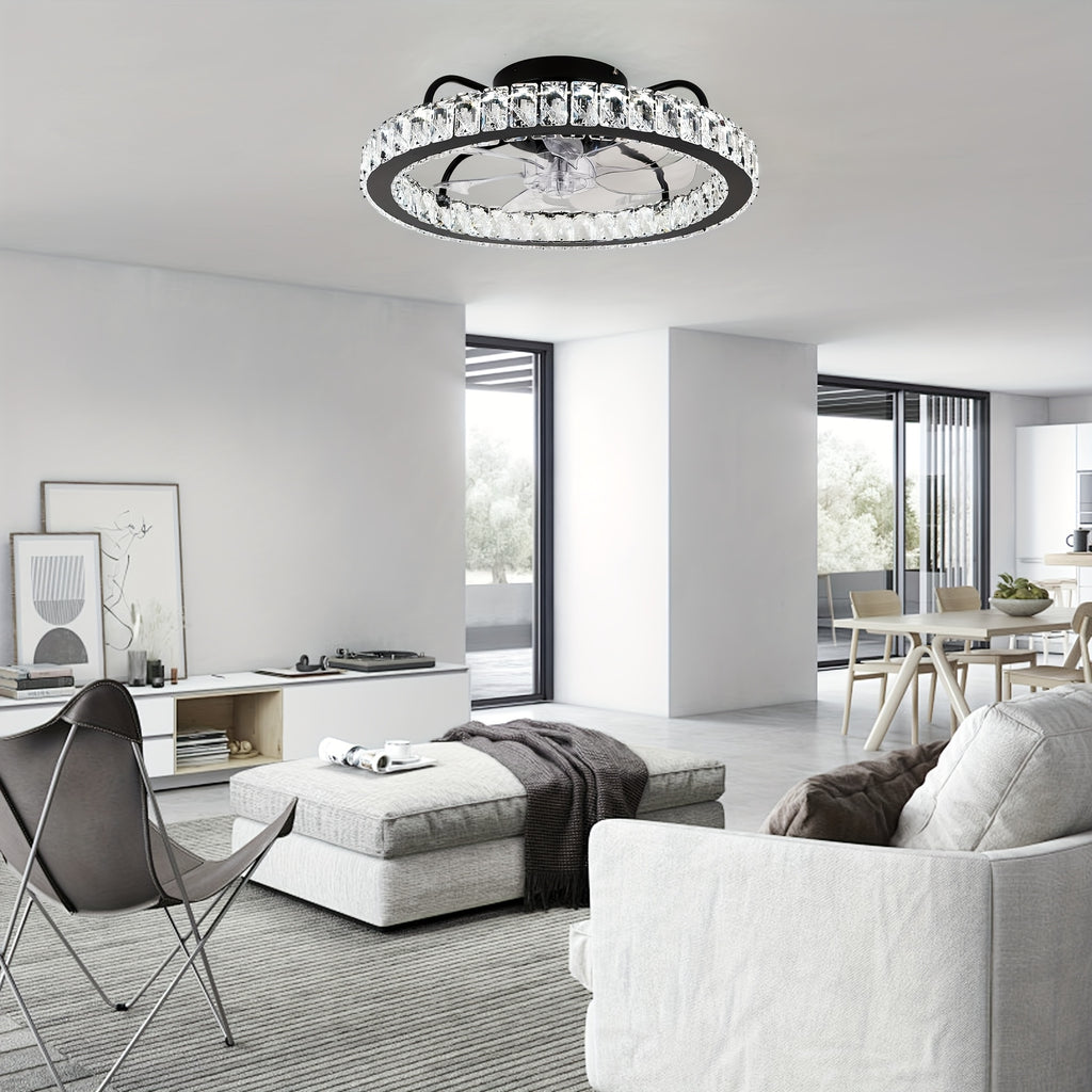 Ganeed Modern Dimmable LED Crystal Ceiling Fan Light, 19.69 Inch Black Round Ceiling Fan with Light and Remote, Bladeless Semi Flush Mount Indoor Fan Fixture for Living Room Kitchen Bedroom