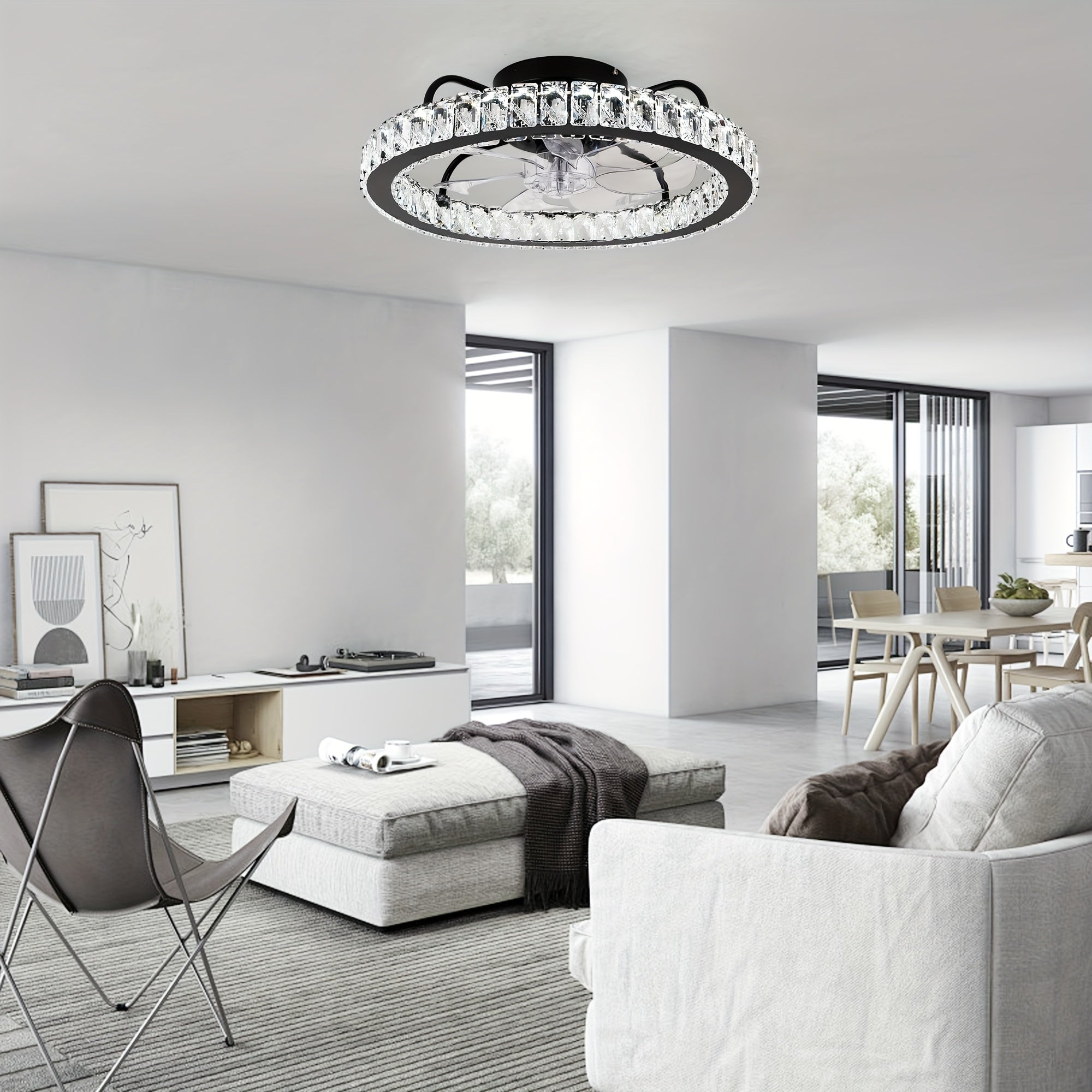 Ganeed Modern Dimmable LED Crystal Ceiling Fan Light, 19.69 Inch Black Round Ceiling Fan with Light and Remote, Bladeless Semi Flush Mount Indoor Fan Fixture for Living Room Kitchen Bedroom