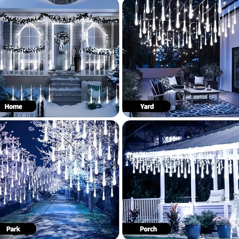 1 piece 30cm/11.81inch or 45cm/17.72inch solar meteor tube light outdoor, automatic on/off, smart light sensor, 192LED/288LED 8-tube hanging solar fairy light, IP65 high quality, suitable for garden, wedding, Christmas, Halloween, party