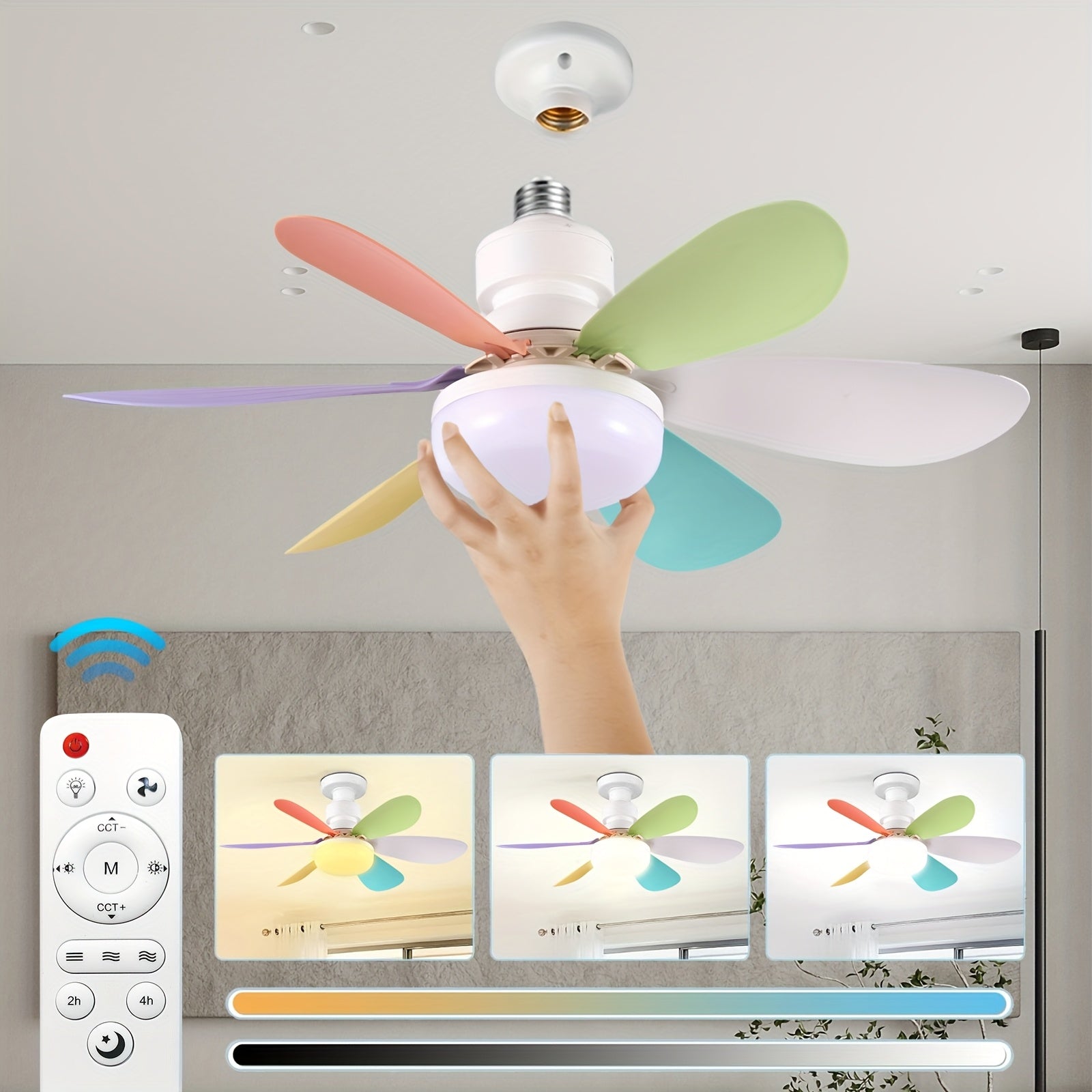 20.5/16.5 Inch White Multi-Color Flush Mount Ceiling Fan Light with Remote, E27/E26 Base 6-Blade LED Fan Light, 3 Light Colors & 3 Wind Speeds, 40W Bulb Replacement Ceiling Fan Lamp Perfect for Bedroom Home Use