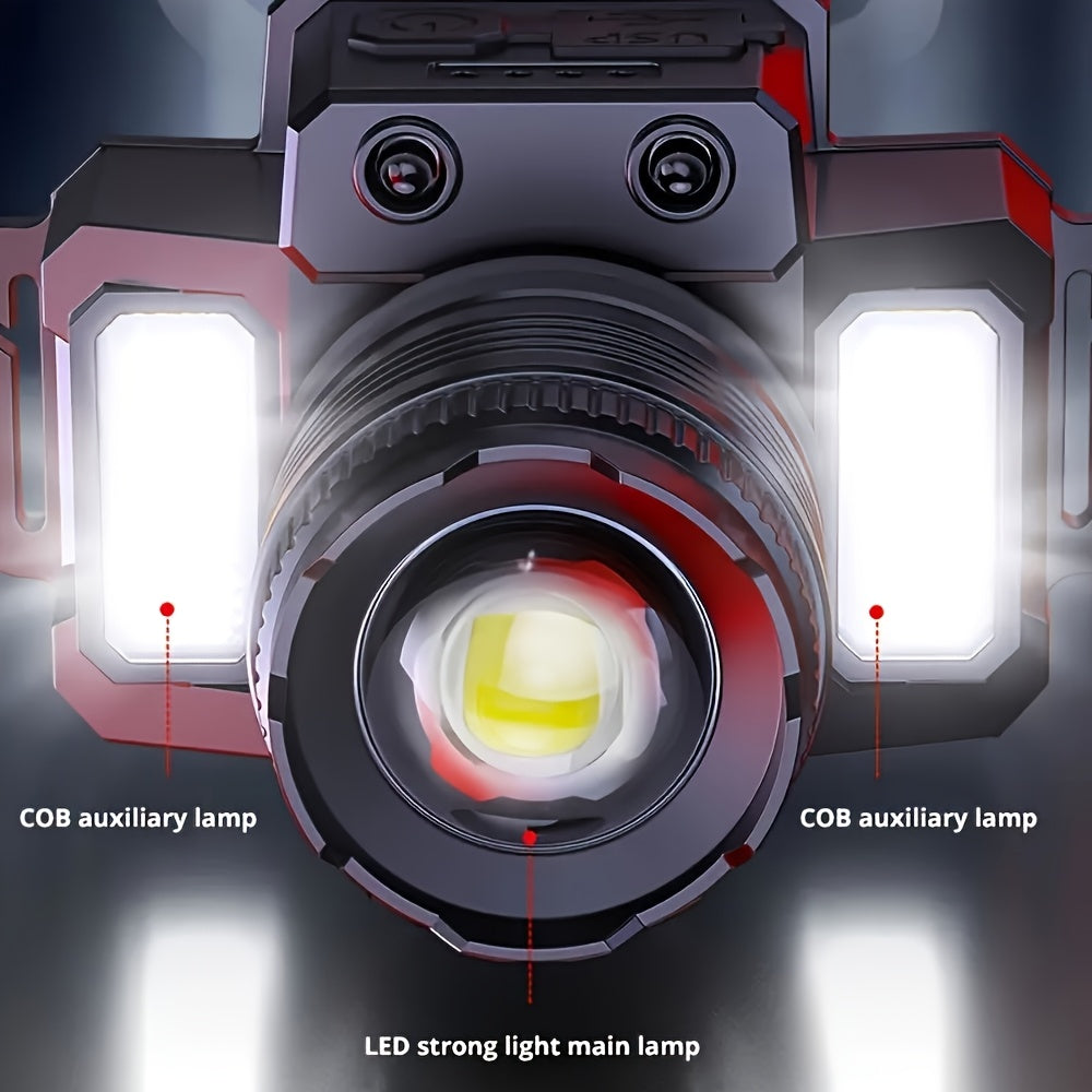 Portable Lightweight Multifunctional LED Headlamp with Motion Sensor, Rechargeable Rotatable Head, 5 Lighting Modes, Ideal for Outdoor Fishing, Adventure, Emergency and Camping