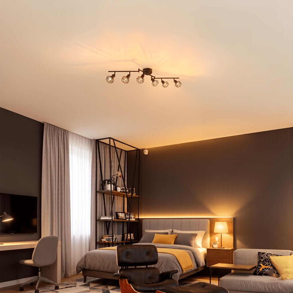 LED Ceiling Spot Light 6 Heads - Ceiling Light Spot E14 Swivel - Black 6-Head Ceiling Spot Light - Vintage Light for Living Room, Kitchen, Bedroom, Bulbs Not Included, Ideal Christmas Gift and Office/Hotel Decoration