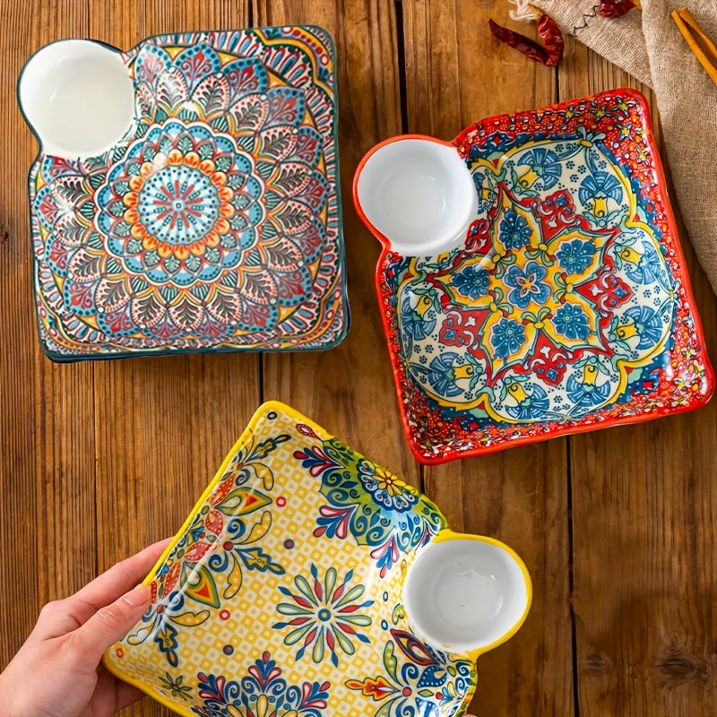 NTKOW 1 Set of 4 Bohemian Style Art Ceramic Dinner Plates – 8-Inch Multi-Purpose Steaming & Serving Bun Plate – Microwave Safe, Beautiful Hand-Painted Design – Suitable for Home & Commercial Use, Easy to Clean