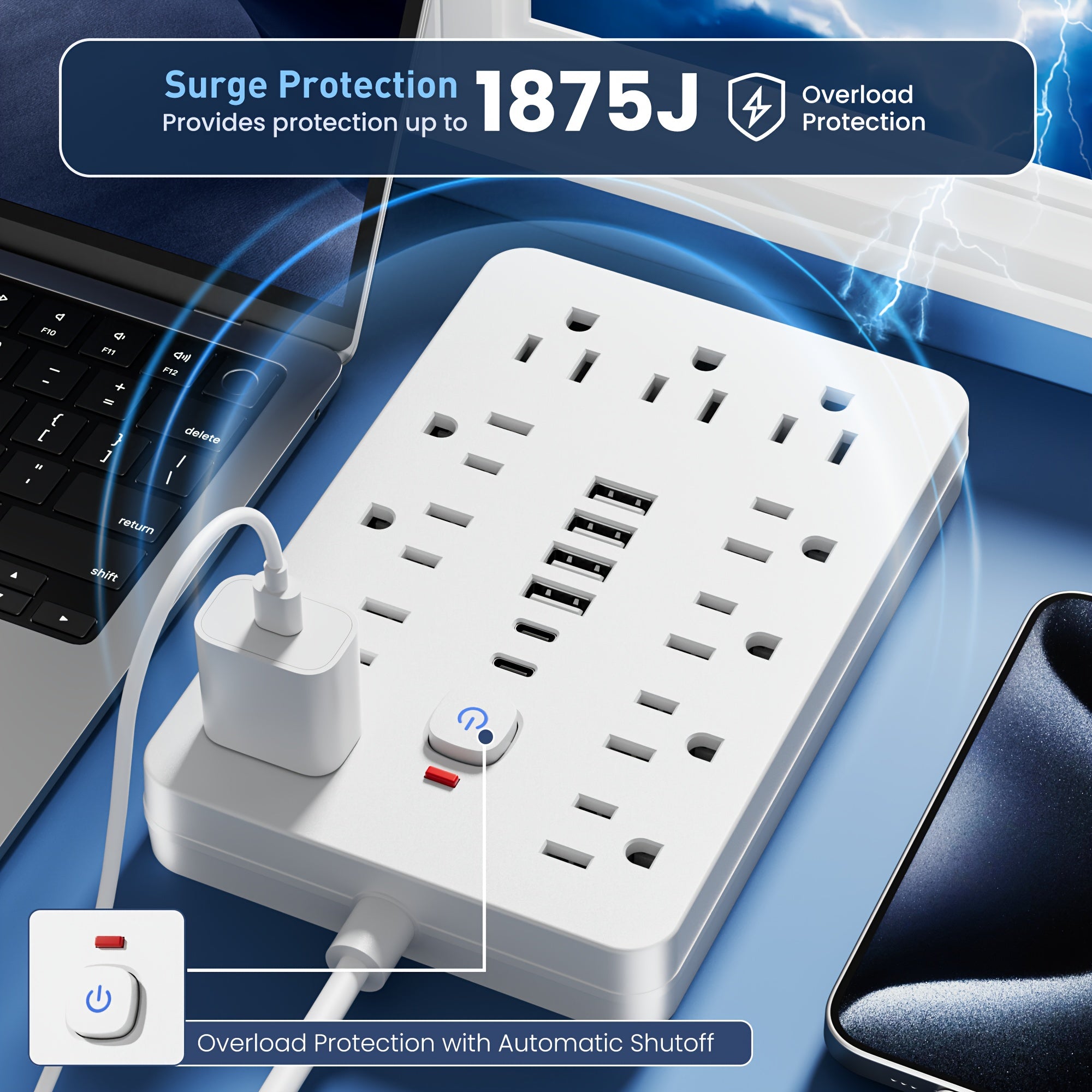 This Power Hub Features 11 Individual Outlets, Lengths of 5FT And 10FT, Along with 4 USB Ports And 2 USB-C Ports. It Has a Flat Plug Design, Can Be Mounted on The Wall, And Is Equipped with Overload Protection, Making It Ideal for Home Or Office Use
