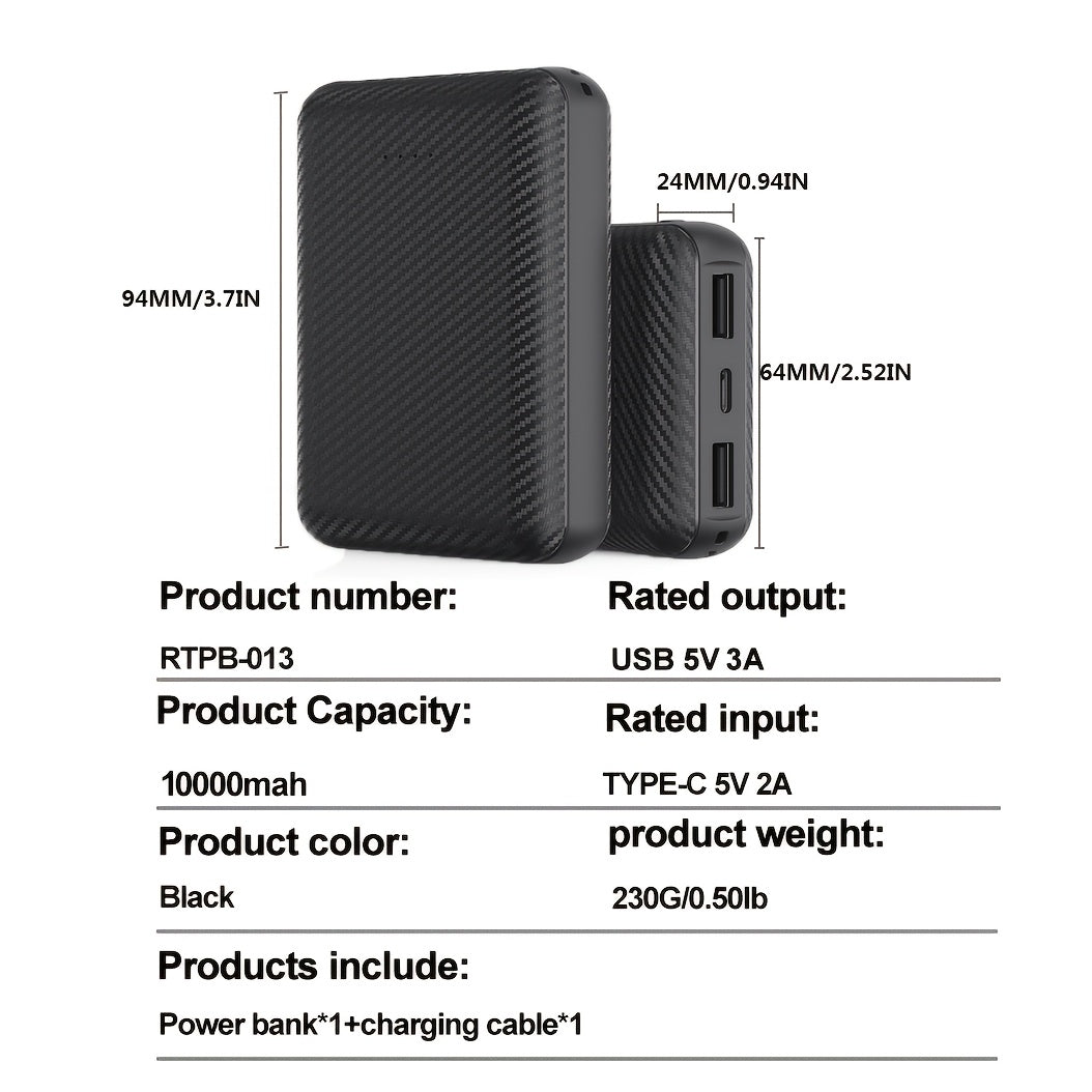 Large Capacity 10000mAh Portable Power Bank - Fast Charging, Dual USB & Type-C, Compact Design For IPhone, Samsung, Xiaomi