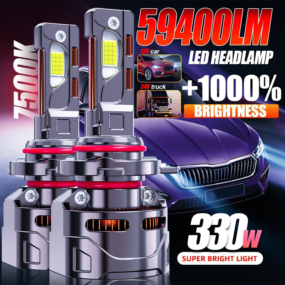 2 Super Bright LED Car Headlight Bulbs, 59400 Lumens, 330W High Power, 12V/24V, Compatible with H1 H4/9003/HB2 H7/H18 H16/H11/H9/H8 9005 9006/HB4 9012/HIR2-O127 Sockets. High/Low Beam Integrated