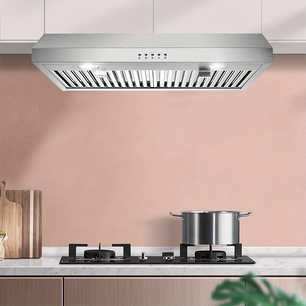 30-Inch Under-Cabinet Range Hood, 600 CFM Stainless Steel Kitchen Exhaust Fan, 3-Way Exhaust System, 2 LED Lights, Button/Touch Control
