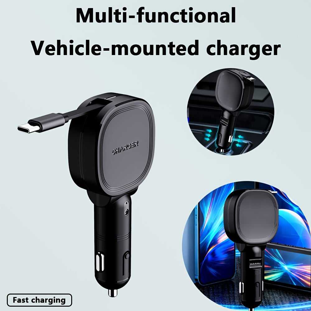 SAN.COMO Dual-Port Car Charger with Retractable Type-C Cable (70cm / 27.55 Inches), Supports 45W Maximum Power Output, Fast Charging, Extended USB-A Port, Overvoltage Protection, an Efficient In-Car Charging Companion, Suitable for iPhone and Various