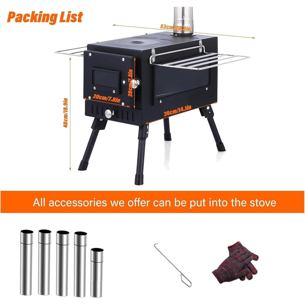 Wood Burning Stove, Stainless Steel Camping Stove, Portable Wood Stove, Outdoor Cooking Camping Wood Stove with 5 Chimney Pipe Sections & Gloves, Ideal for Ice Fishing