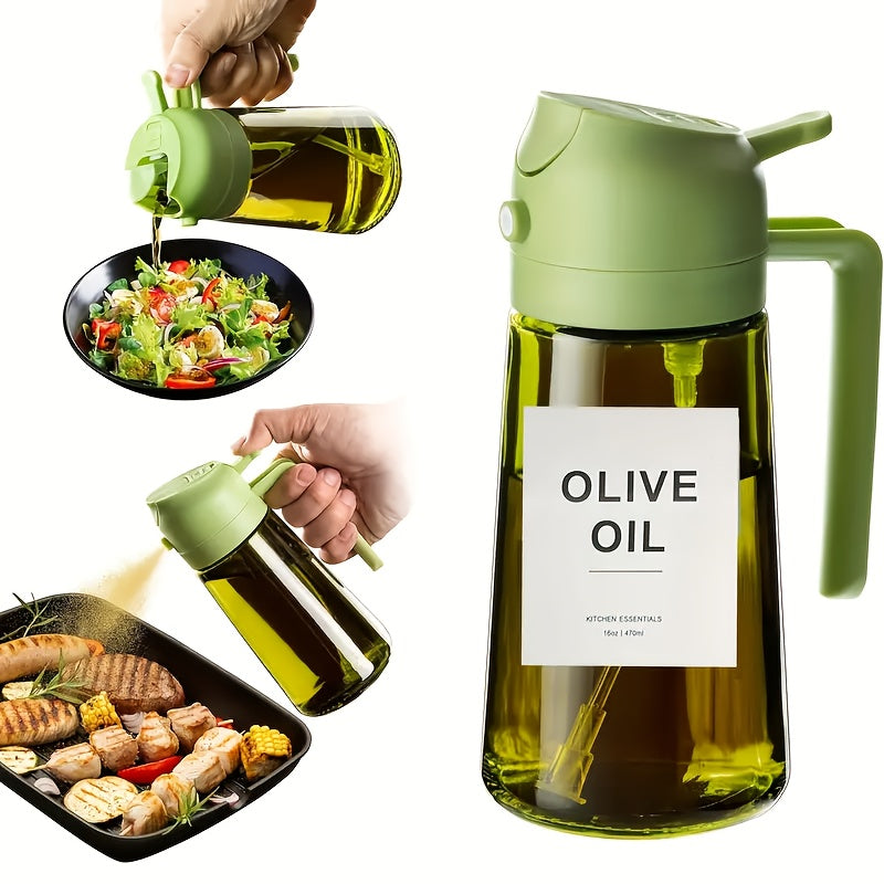 1PC Dual Use Oil Sprayer & Dispenser, Non-stick Auto Flip Condiment Squeeze Bottle, Green Plastic Olive Oil Storage Bottle for Kitchen BBQ Salad
