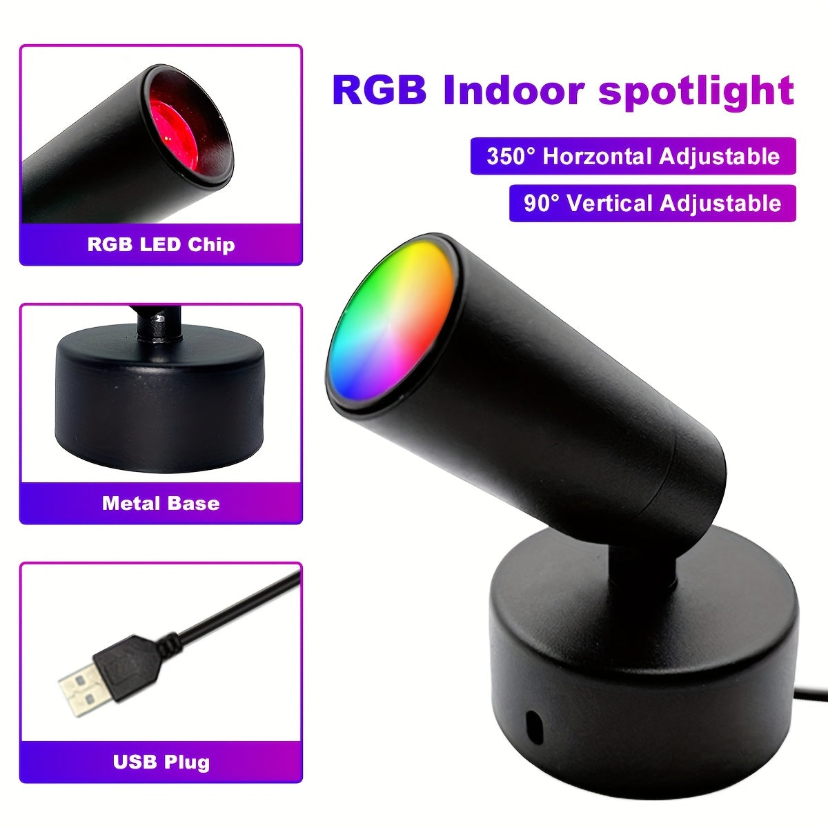 All-metal spotlight, seven-color dynamic mode indoor decorative lighting, adjustable brightness and angle, suitable for home decoration, artwork accent lighting and display piece lighting