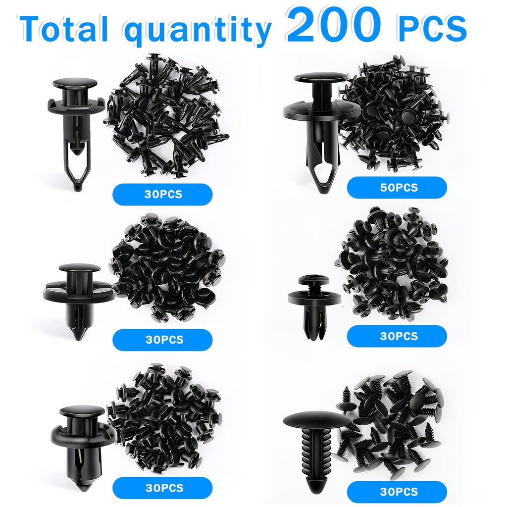 200-Piece Multi-Purpose Universal Car Retainer Clips, Assorted Sizes 6mm-10mm, Sturdy & Durable, Portable & Practical, Multi-Use Auto Fasteners for Car Bumper, Fender & Trim Repair