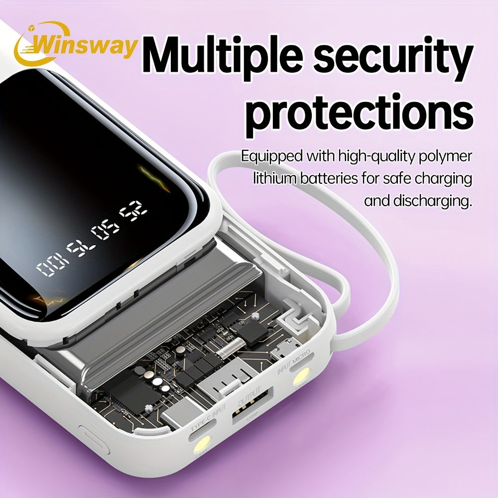 Winsway 10000mAh Portable Mobile Charger With Built-in Charging Cable, 4 Outputs And 3 Inputs, LED Smart Display/light For Android Mobile Electronic Devices, Is A Must-have Emergency Power Supply For Outdoor Camping. High-value Gift.