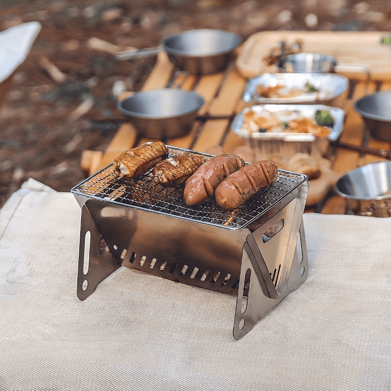 2-Piece Outdoor Foldable BBQ Grill, Stainless Steel Cassette Stove, Portable Charcoal Stove, Garden Party Camping Supplement. Includes 1 BBQ Grill + 1 Basting Brush/