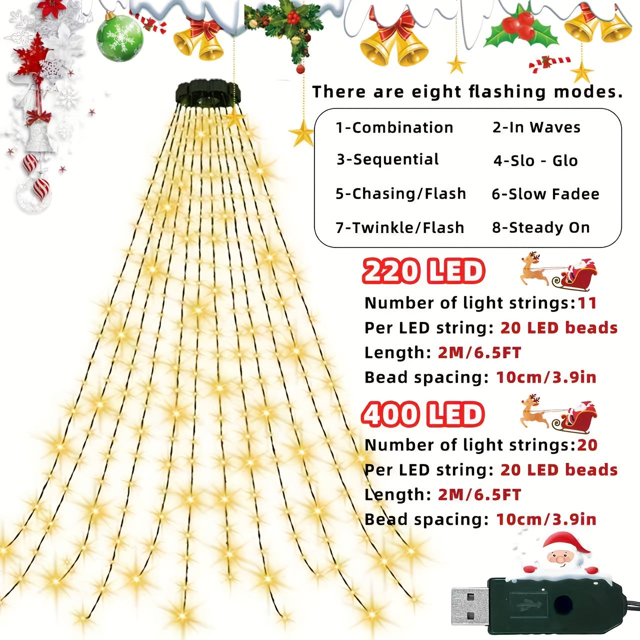 400/220LED室内圣诞树灯，11/20串2M仙女串灯带圆环，USB供电，8 种照明模式，墨绿线绳灯，适用于室内/外、圣诞树、婚礼、派对、感恩节、新年装饰, 婚礼装饰,季节性装饰,装饰照明,氛围照明,节能LED灯,USB供电灯,多模式照明,假日购物者