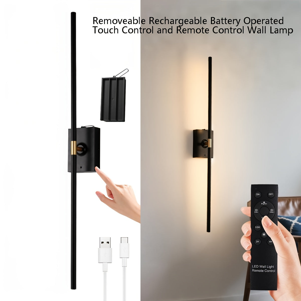 Removable Rechargeable Battery Powered, 31.5-Inch Wireless Wall Light, 360° Adjustable Lighting Angle: Features Include 4 Color Temperatures, Infinite Dimming, Touch and Remote Control Options