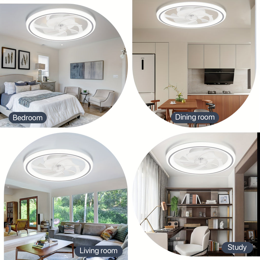 20 Inch Modern Dimmable LED Ceiling Fan Light, APP & Remote Control, 3 Color Temperatures, 6 Speed Levels, Flush Mount Design for Bedroom, Night Mode, Timer Function, Wireless Control, Polished Finish, Bedroom Ceiling Fan, Modern Lighting