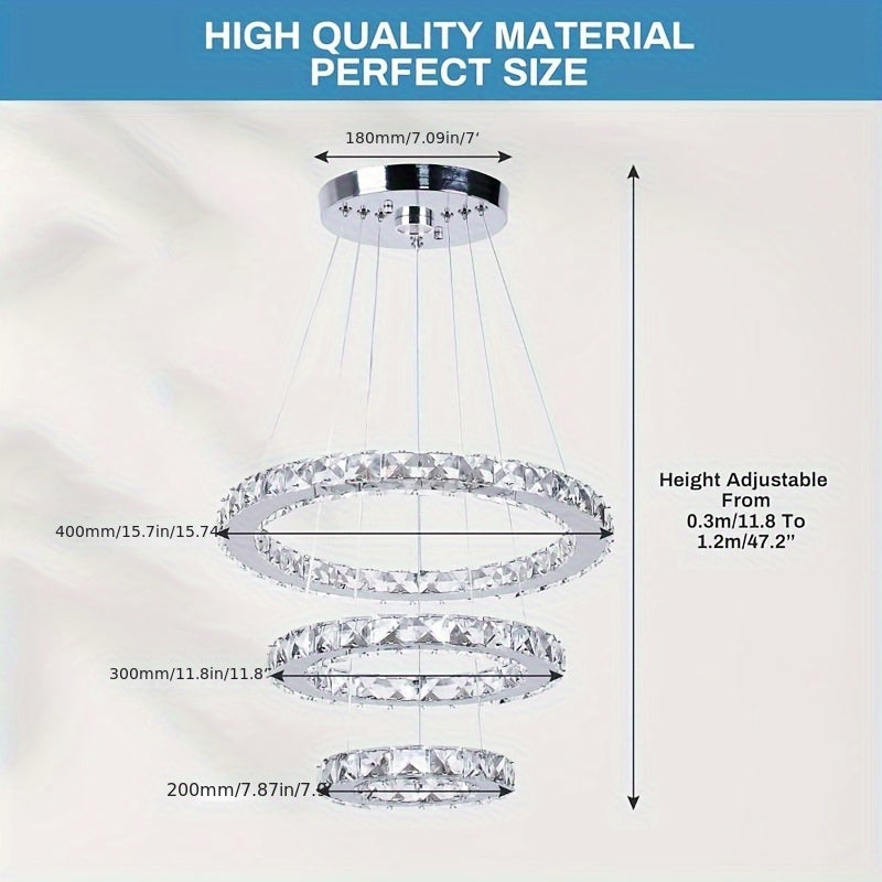 Modern LED Chandelier Crystal Pendant Light 3-Ring Round Pendant Light Adjustable Stainless Steel Ceiling Fixture, Suitable for Living Room, Dining Room, Bedroom