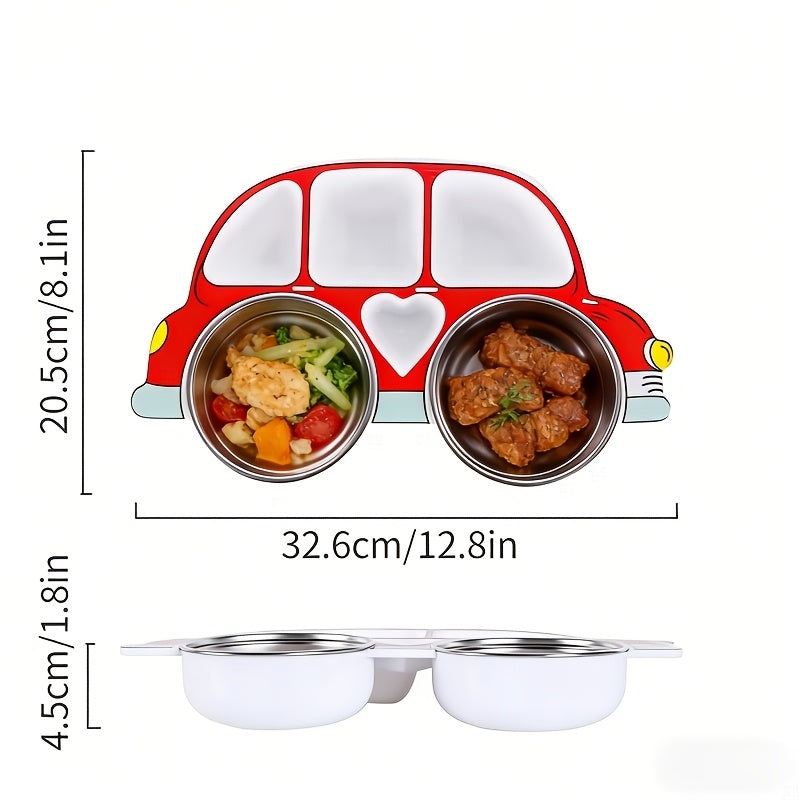 1 Set Divided Car-Shaped Tray Set with Lid & 2 Stainless Steel 304 Bowls, Cartoon Car Tray with Lid, Drop-Proof Home Cartoon Dinnerware, Unbreakable Tray, Kids‘ Cutlery Set