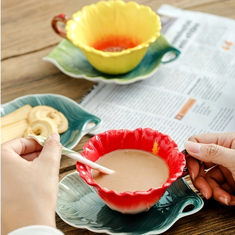 Elegant 3-Piece Ceramic Tea Set (Includes Tea Spoon, Cup & Saucer) – Vibrant Floral Pattern, Perfect for Home & Restaurant Use