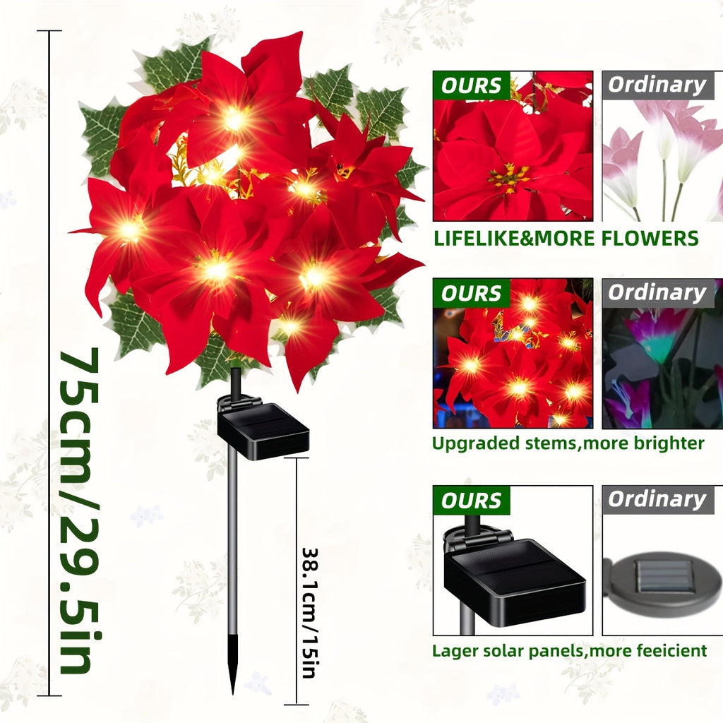4-Piece Solar Poinsettia Christmas Garden Light - 7 LED Red Flowers and Green Leaves, Outdoor Holiday Decoration for Path, Garden, Lawn and Courtyard, Holiday Solar Charging Design, Solar Christmas Light