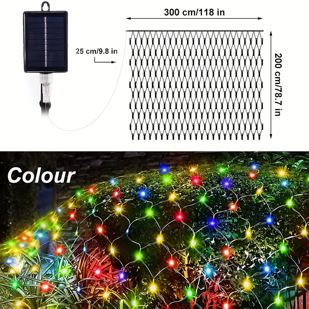 1包太阳能网灯-192 LED，9.8英尺x 6.6英尺8模式LED闪光网灯，适用于室外/室内使用-非常适合树木、景观、花园、屋顶、阳台、墙壁装饰-非常适合婚礼、生日、圣诞节、万圣节、派对 IP44