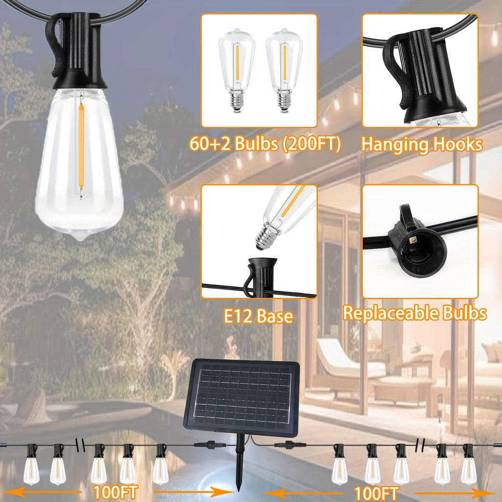 Solar ST38 LED String Light - 50/100/200FT Shatterproof Light String with Remote Control, Perfect for Outdoor Courtyard Decoration, Cafe Bistro, Christmas Wedding Party Night Light