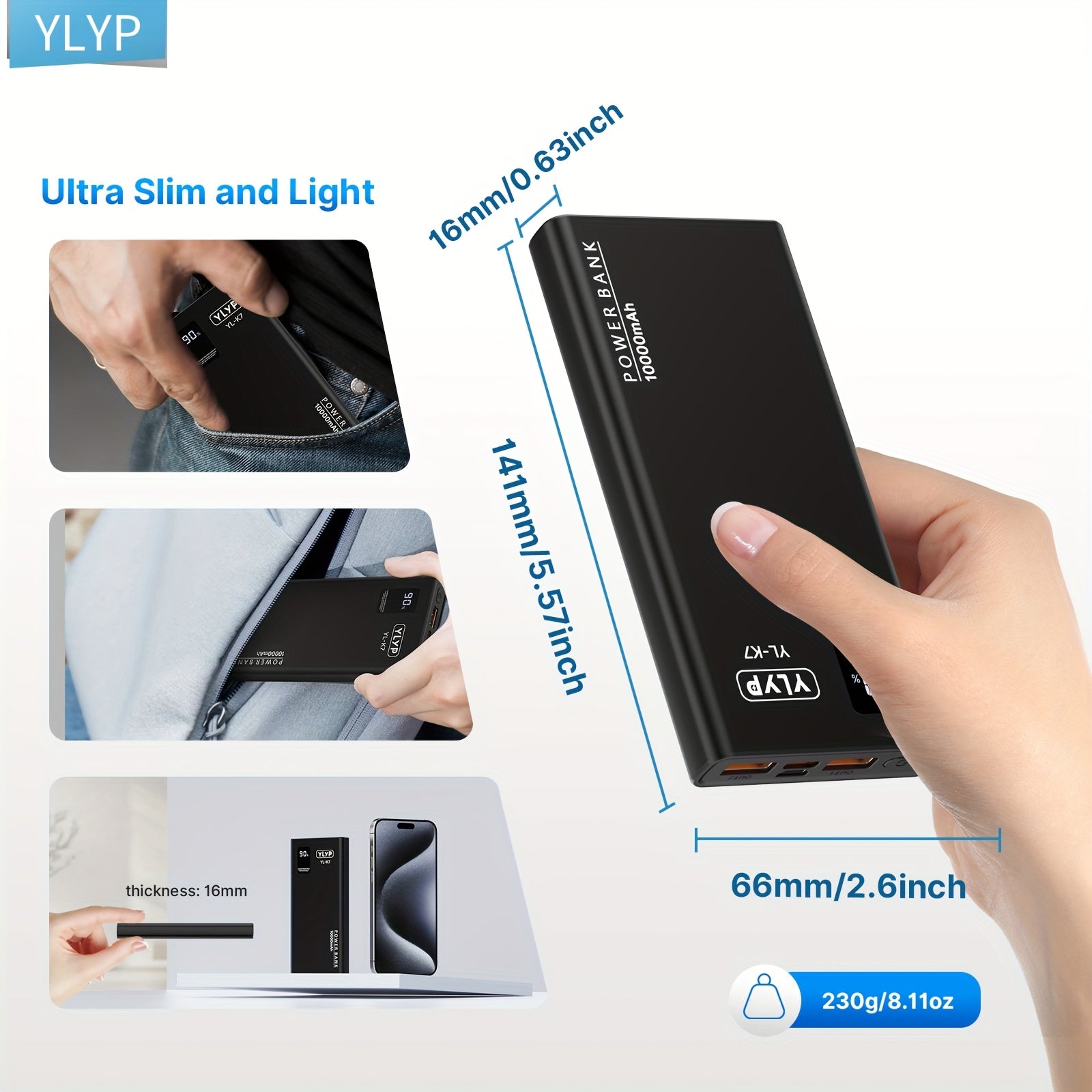 YLYP 1pc Ultra Slim Large Capacity Portable Power Bank 10000mAh, Max 22.5W/PD20W Portable Charger, LED and Digital Display Screen, Suitable for iPhone/Android Devices, 2xUSB/1xType-C Output, Type-C/Micro Input, Safe and Stable Polymer Lithium Battery, Chr
