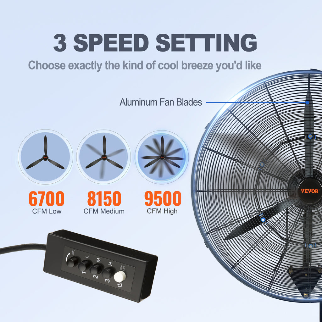 VEVOR Wall-Mount Misting Fan, 24"/30", 3-Speed High Velocity Max 7000 CFM / 9500 CFM, Waterproof Oscillating Industrial Wall Fan, Commercial/Residential for Warehouse, Greenhouse, Workshop, Black, ETL Listed