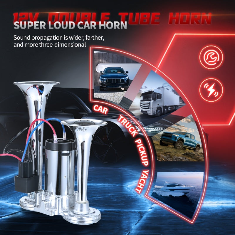Large Truck Horn 12V High-Low Heavy Bass Super Loud Train Sound Boat Sound Air Horn Marine Dual Trumpet Horn with Built-in Air Compressor, Suitable for Ships, Cars, Trucks, Jeeps and Other 12V Vehicles