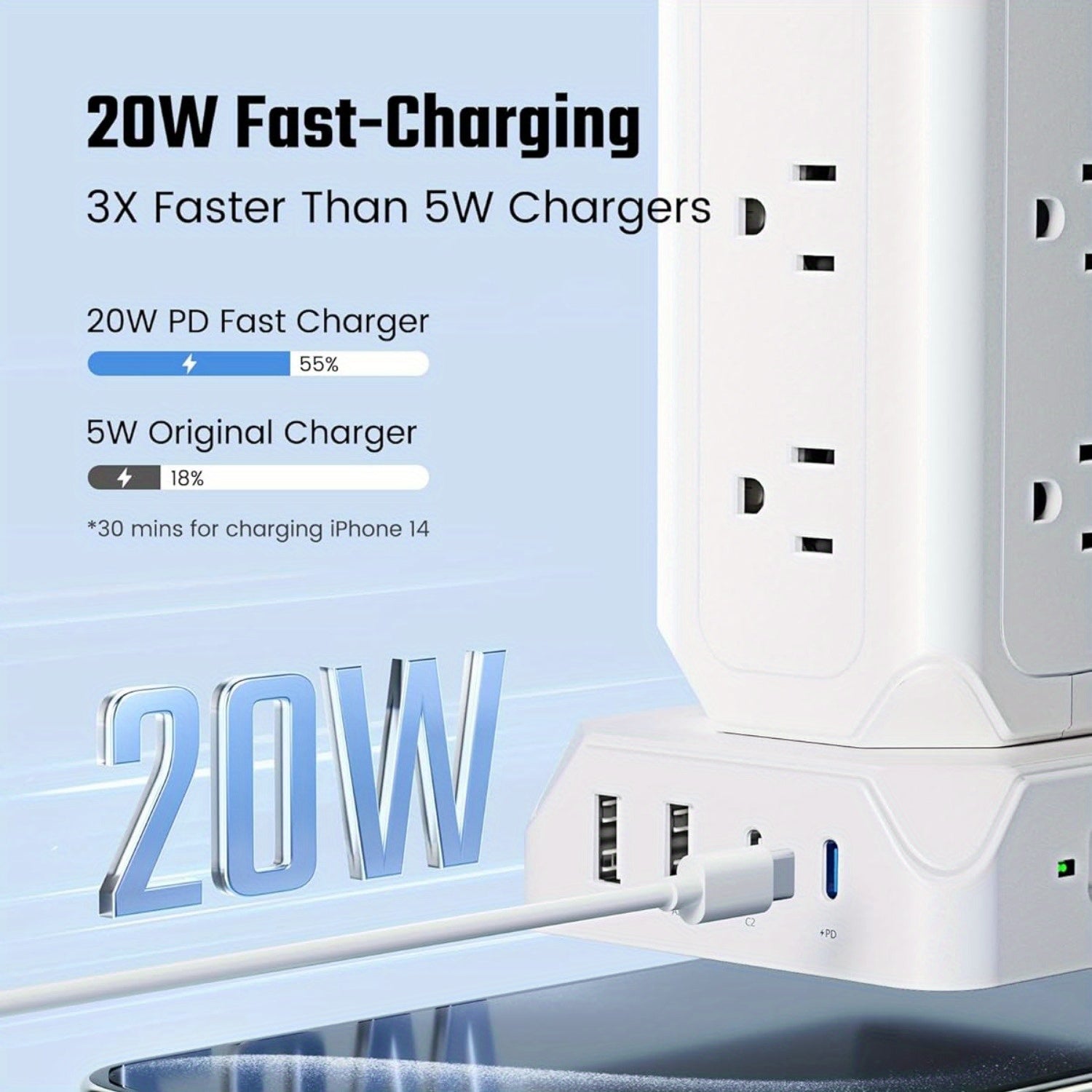 2pcs Power Strip Tower, 12 AC Outlets with 35W USB(2 USB-A & 2 USB-C) Charging Station, 1625W/13A, 1700J Surge Protector, 10ft Flat Plug Extension Cord with Multiple Outlets for Home, Office, Dorm
