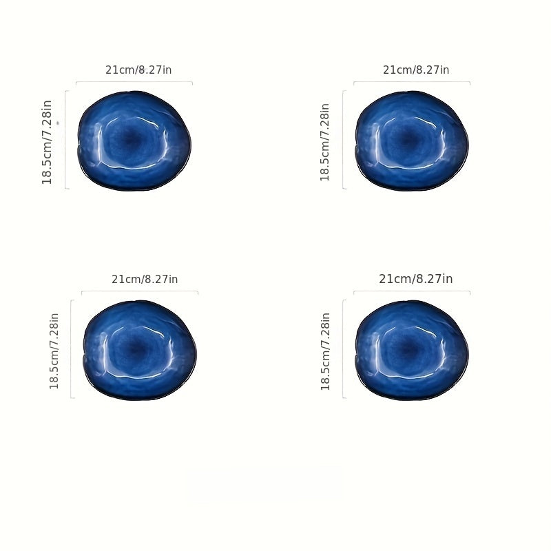 4-Pack Cat‘s Eye Blue Nordic Ceramic Food Plate – Home Pottery Irregular Dinnerware, Salad Platter Tableware