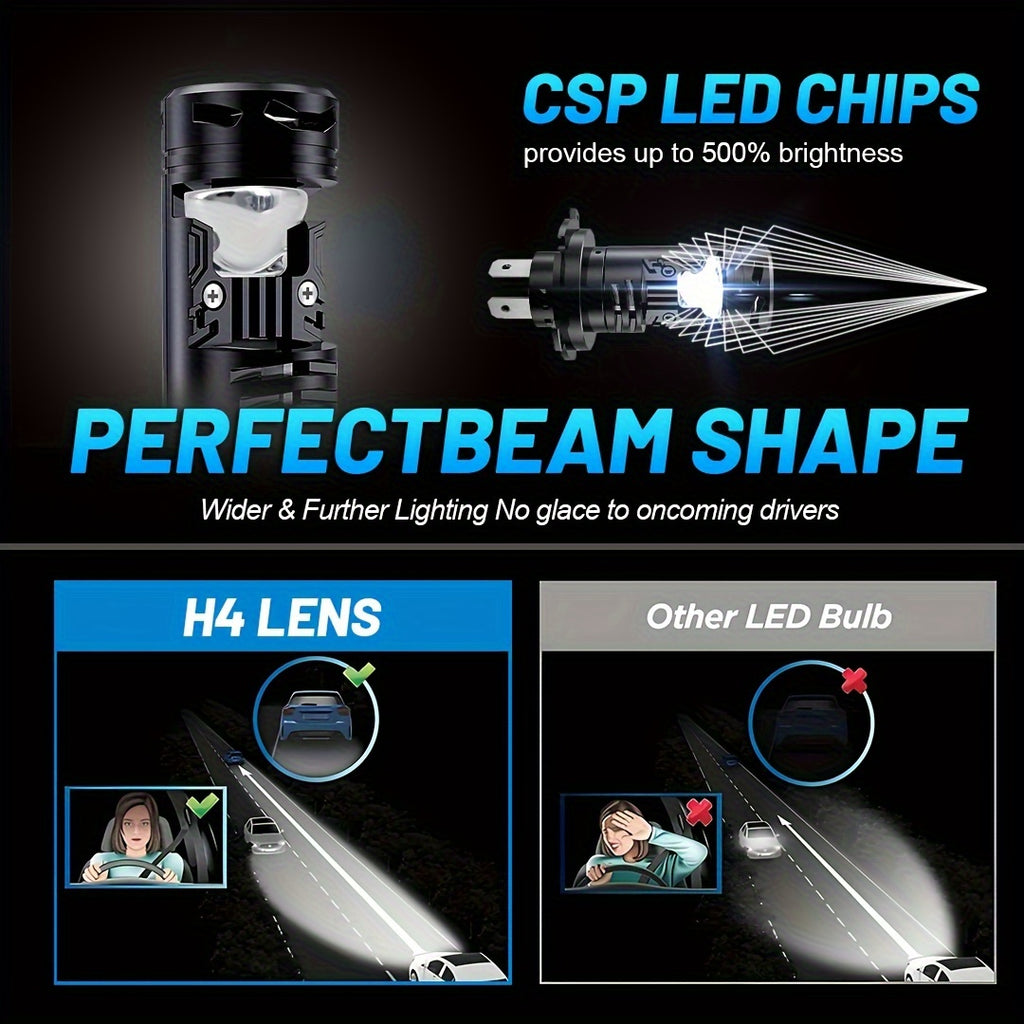 2 H4 Lens Projector LED Car Headlight Bulbs Bi LED Plug-and-Play 30000LM 500% Super Bright CANBUS Turbo Car Bulb High/Low Fog Light Bulb
