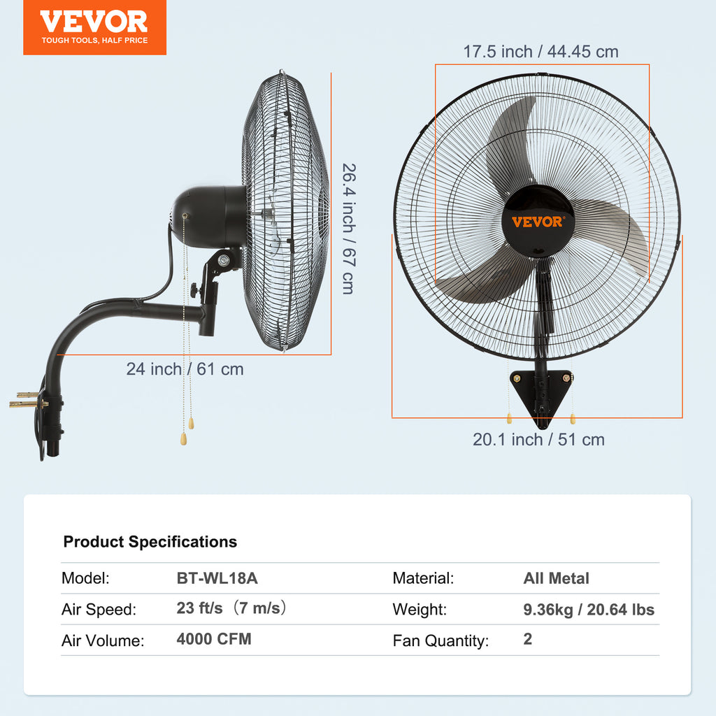 VEVOR Wall Mount Fan, 1/2 Pack, 18 Inch Oscillating, 3 Speed Settings, Max 4000 CFM, Industrial Indoor Fan, Ideal for Commercial, Residential, Warehouse, Greenhouse, Workshop, Basement, Garage, Black