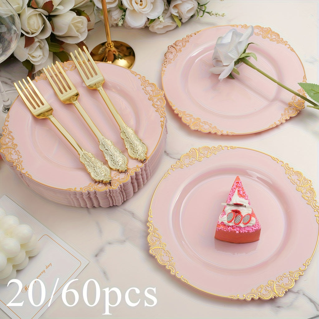 20/60Pcs Pink Vintage Small Plates & Forks Set, Embossed Pattern Edge, Vintage Style, Reusable – Perfect for Wedding Season Dinners, Birthday Balls, Tea Parties, Guest Reception, New Year & Christmas Celebrations