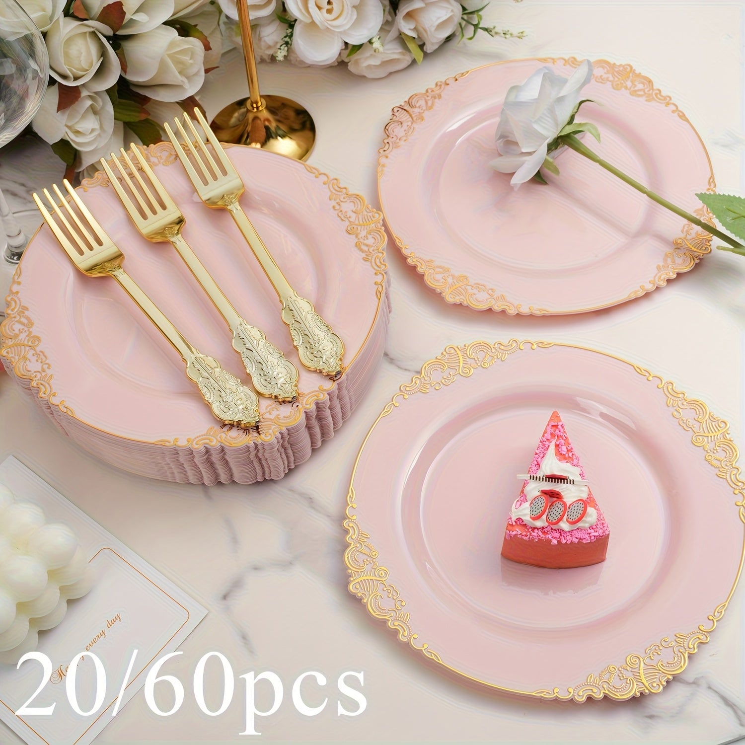 20/60Pcs Pink Vintage Small Plates & Forks Set, Embossed Pattern Edge, Vintage Style, Reusable – Perfect for Wedding Season Dinners, Birthday Balls, Tea Parties, Guest Reception, New Year & Christmas Celebrations