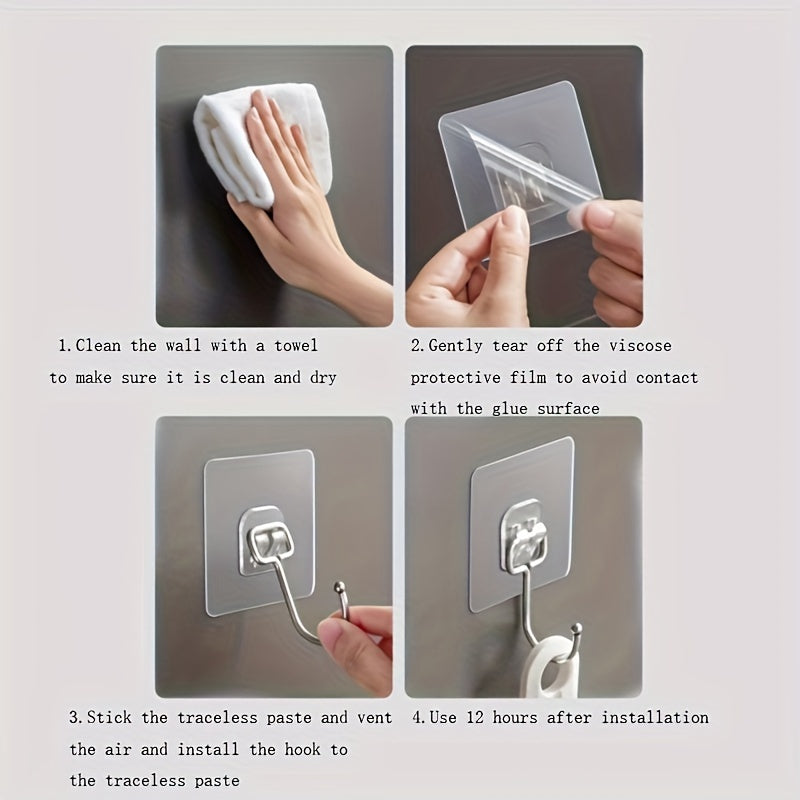 17-Piece Strong Adhesive Wall Hooks - Clear Reusable & Sticky Residue-Free, Waterproof & Oil-Resistant - Practical Towel Cup Can Opener Scissors Hooks for Bathroom & Kitchen