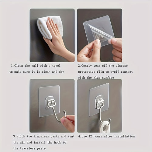 17-Piece Strong Adhesive Wall Hooks - Clear Reusable & Sticky Residue-Free, Waterproof & Oil-Resistant - Practical Towel Cup Can Opener Scissors Hooks for Bathroom & Kitchen