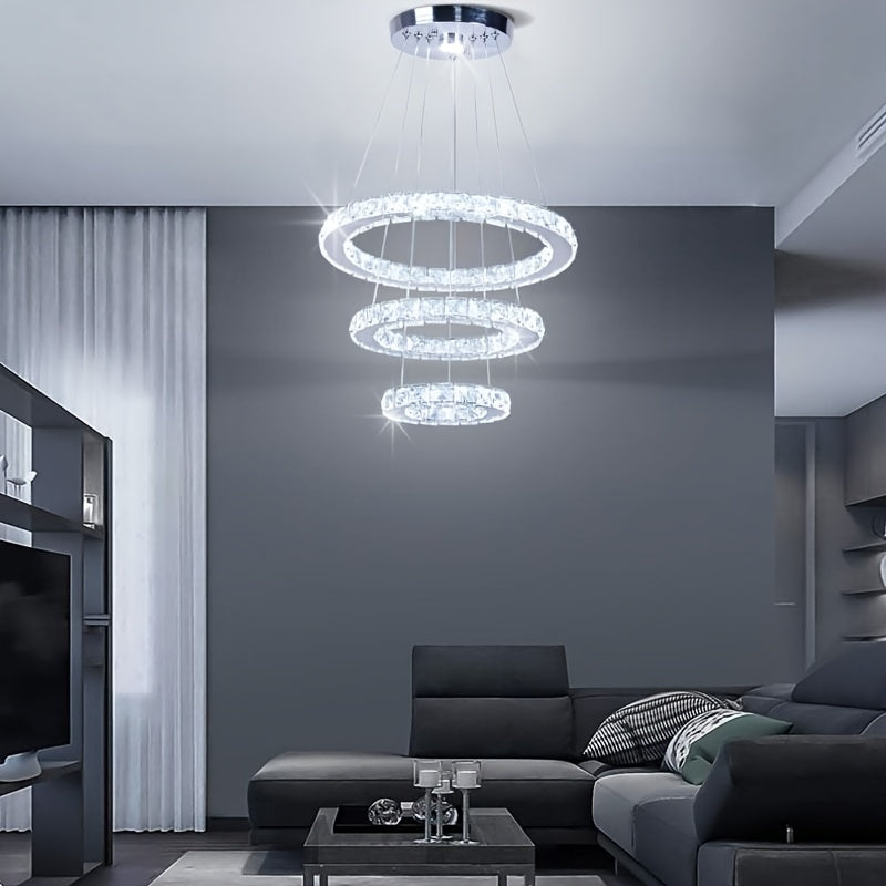 Crystal Chandelier LED Square Ring Pendant Light, Height-Adjustable Chandelier Lamp (Cool White)