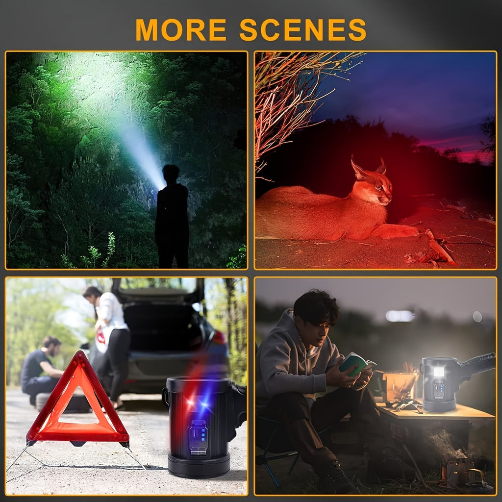 Staaricc rechargeable LED spotlight, ultra-high lumens, ultra-bright solar COB spotlight, 6 modes, 4-color temperature flashlight, large outdoor handheld searchlight suitable for hunting, camping, boating, USB port electronic light