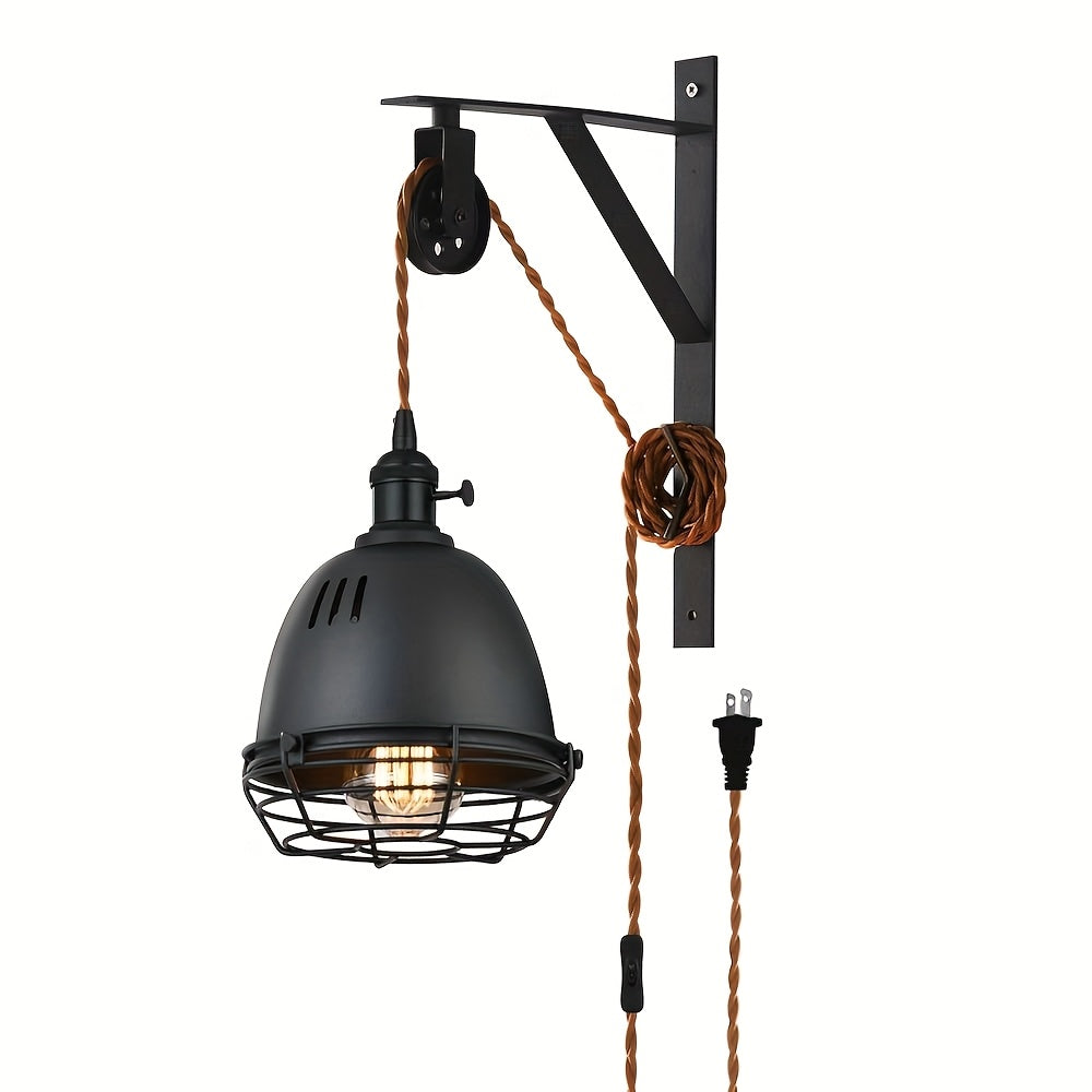 1/2-Piece Farmhouse Style Plug-In Pulley Pendant Light, with Brown Cord and Switch Wall Light