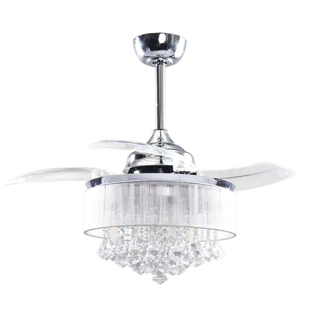 36 Inch Indoor Galvanized Downrod-Mount Retractable Crystal Ceiling Fan Chandelier with Remote & Lampshade