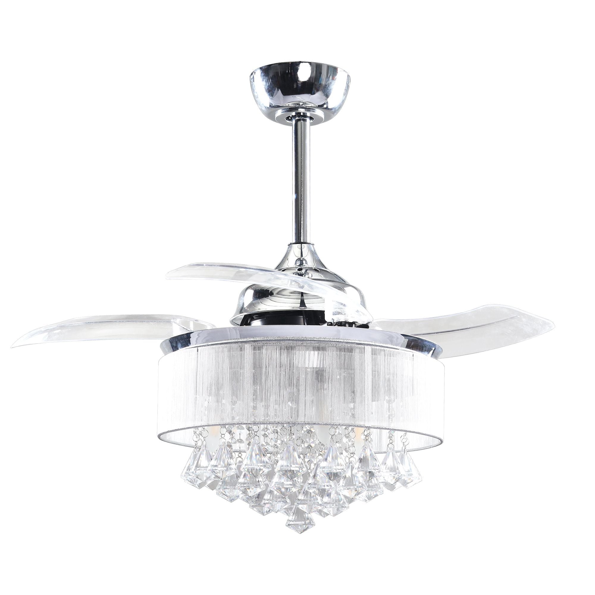 36 Inch Indoor Galvanized Downrod-Mount Retractable Crystal Ceiling Fan Chandelier with Remote & Lampshade