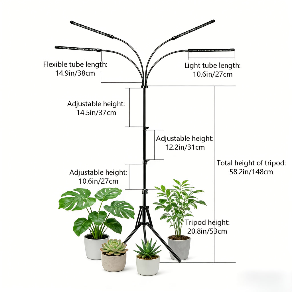 3-Head Foldable Strip Plant Grow Light, Adjustable Height & Irradiation Angle, Foldable Bracket with Timing Function, Ideal for Indoor Succulent Seedling Growth and Supplemental Lighting