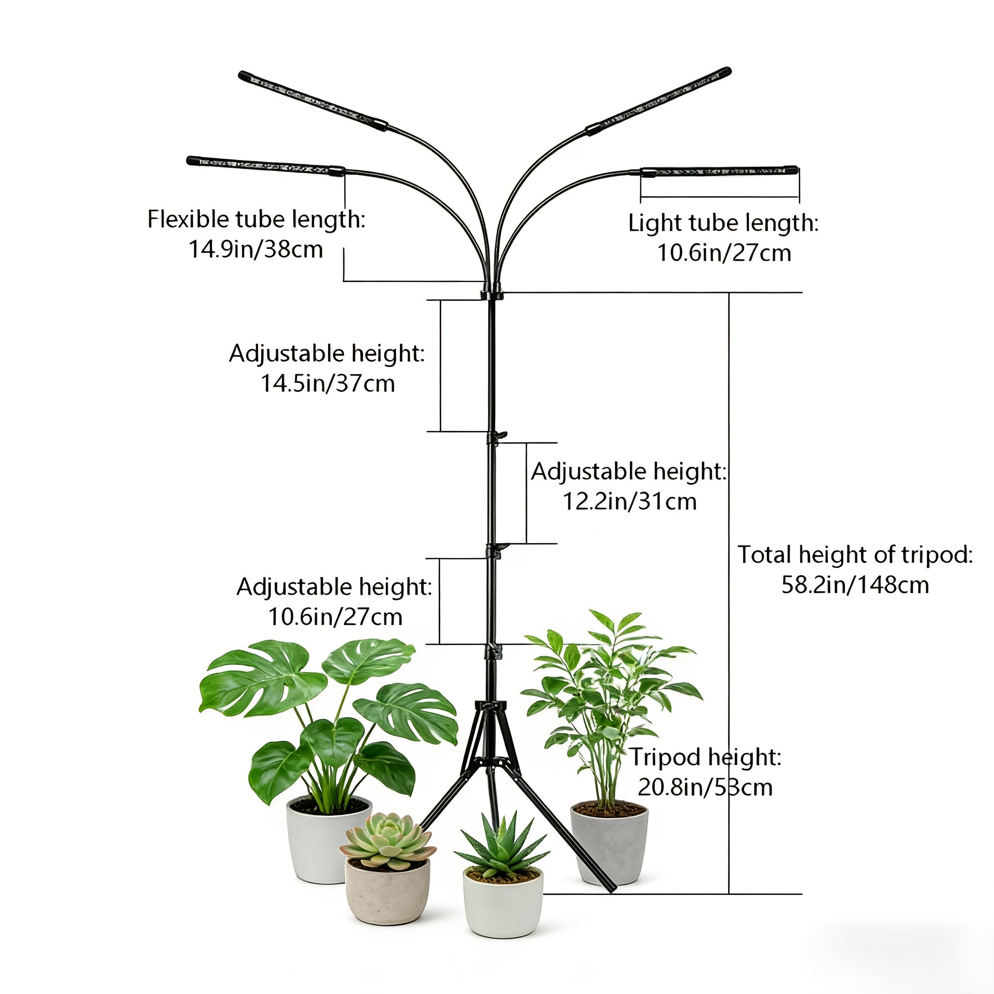 3-Head Foldable Strip Plant Grow Light, Adjustable Height & Irradiation Angle, Foldable Bracket with Timing Function, Ideal for Indoor Succulent Seedling Growth and Supplemental Lighting