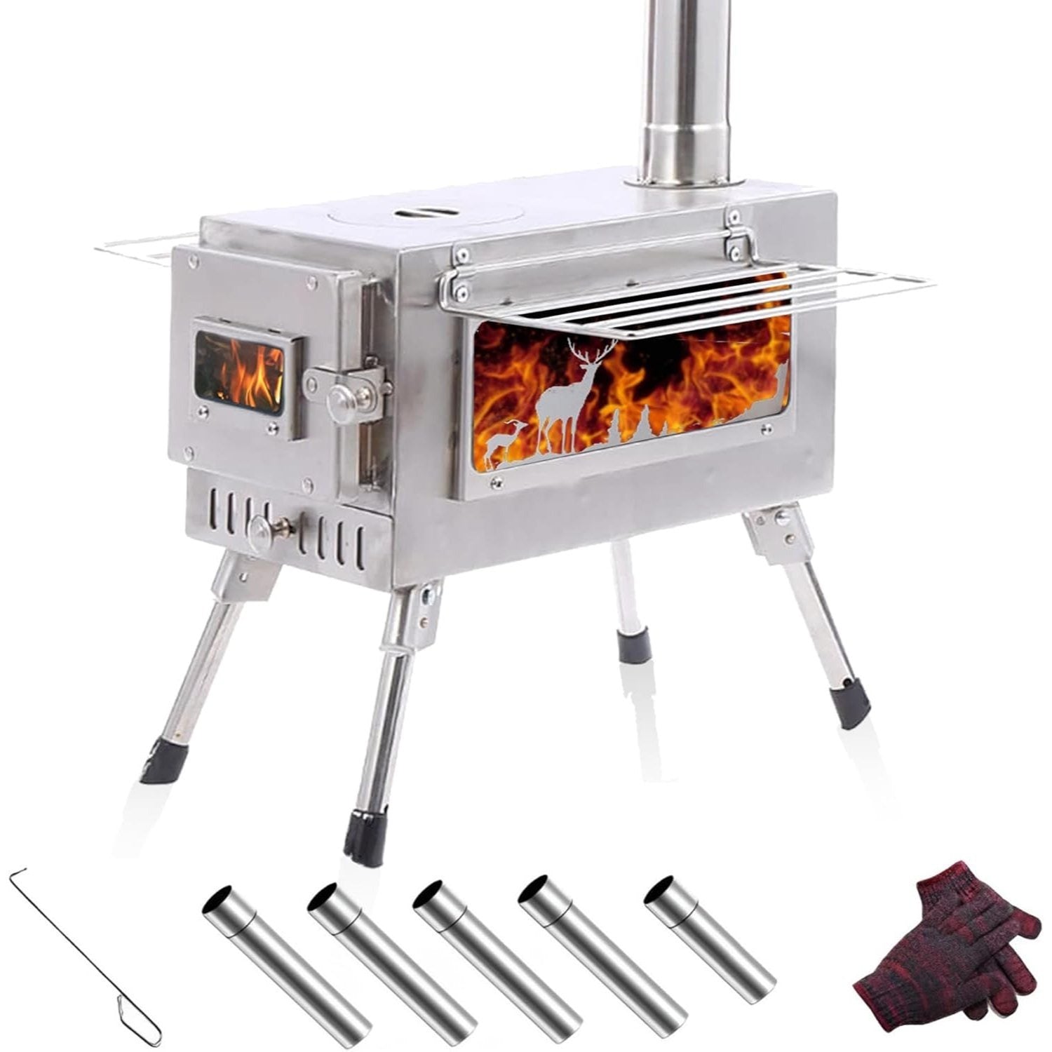 Wood Burning Stove, Stainless Steel Camping Stove, Portable Wood Stove, Outdoor Cooking Camping Wood Stove with 5 Chimney Pipe Sections & Gloves, Ideal for Ice Fishing